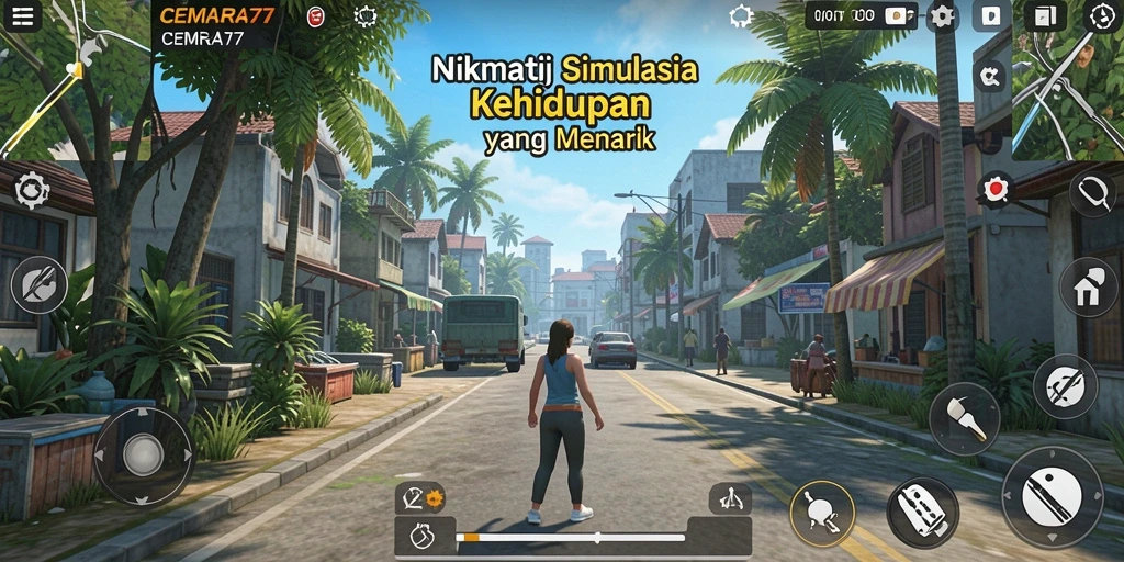 Tangkapan layar dari gameplay CEMARA77 yang menampilkan simulasi interaksi antar karakter.