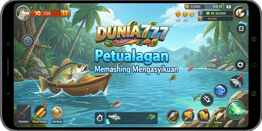 Tampilan gameplay DUNIA777 yang menampilkan keseruan memancing ikan.