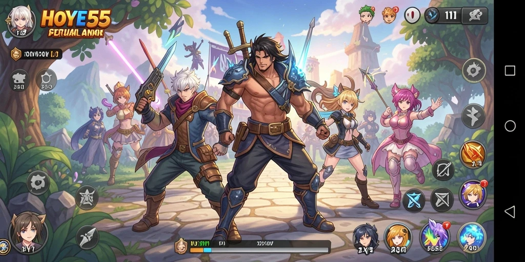 Screenshot gameplay HOYE55 yang menampilkan karakter anime aksi.