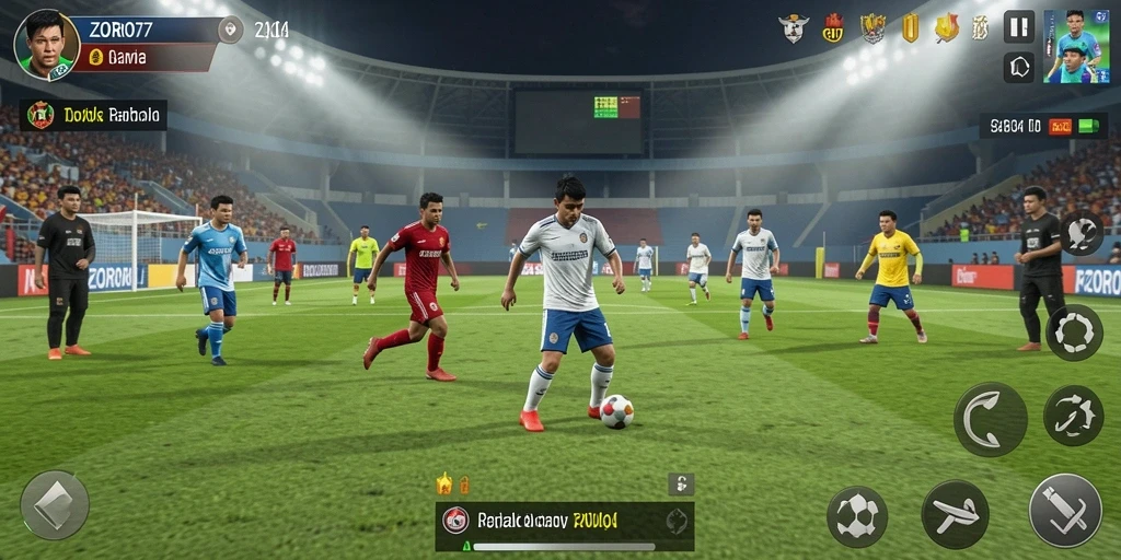 Tampilan gameplay menegangkan dari ZORO77 dengan aksi sepak bola yang mendebarkan.